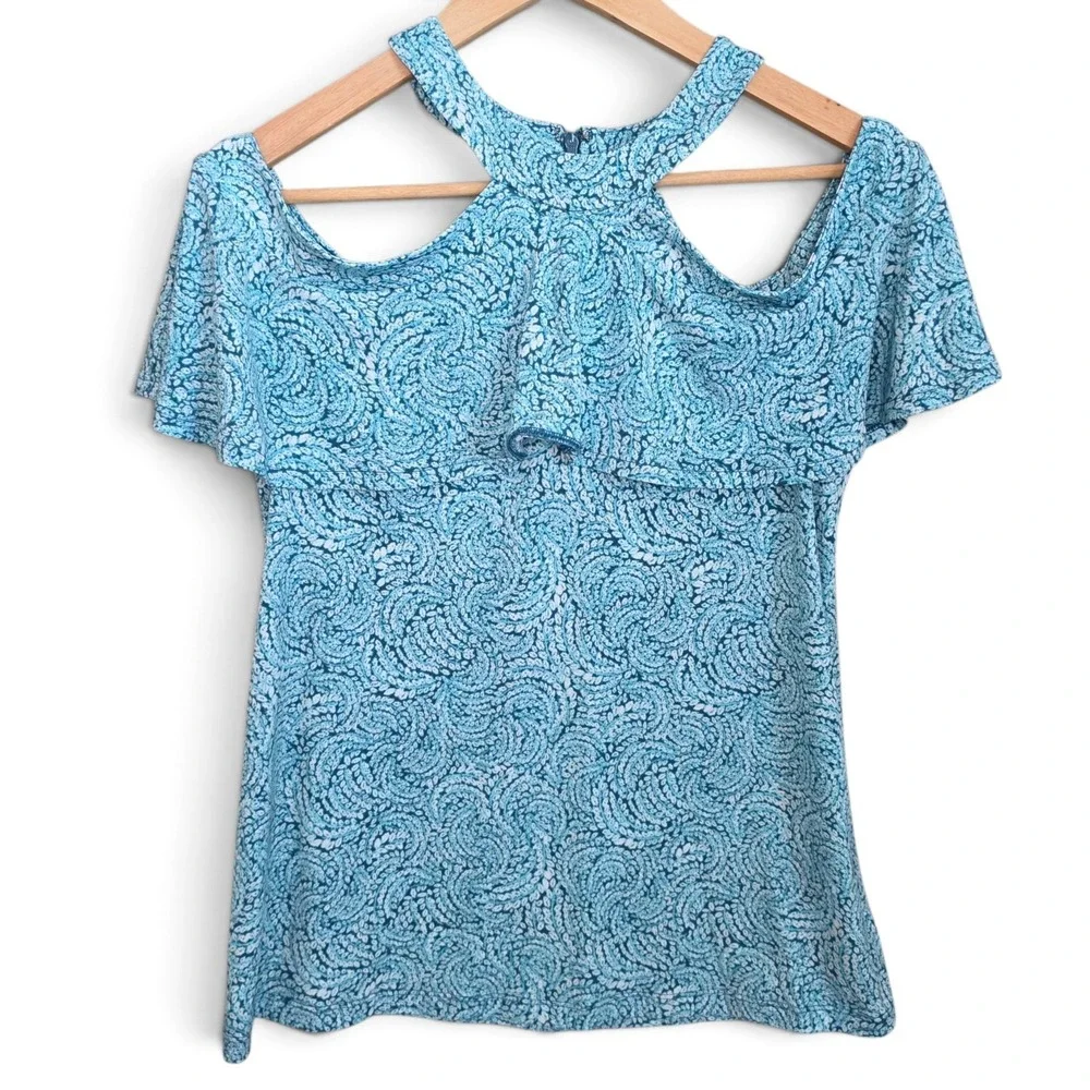Michael Kors Womens Medium Top Cold Shoulder Ruffle Blue Printed Halter Blouse